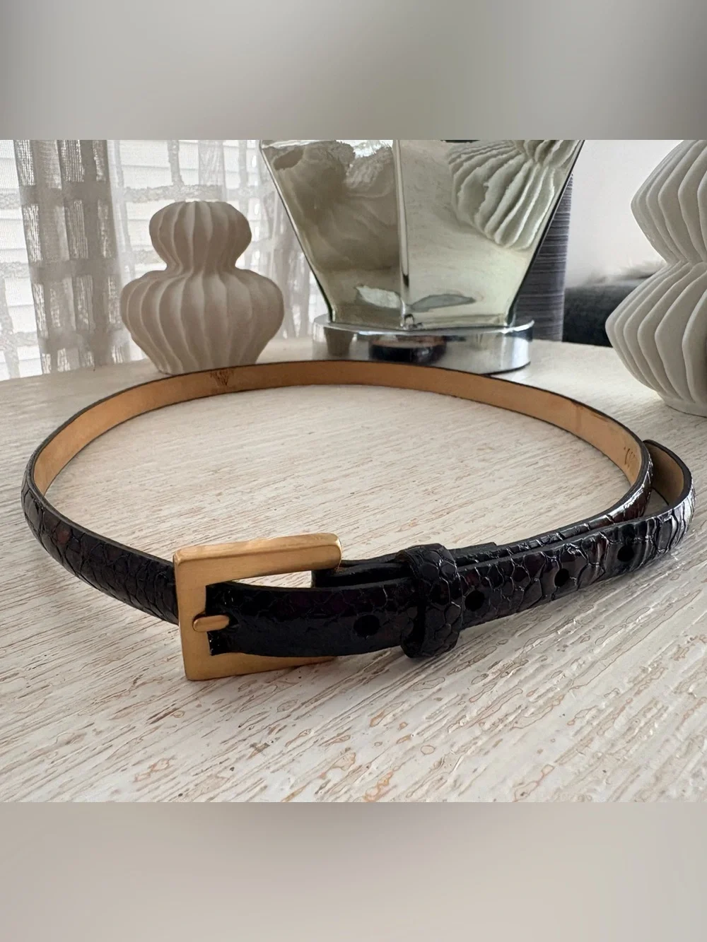 The Worth Collection Croc Tortoise Patent Leather Brass Buckle Skinny Belt S/M